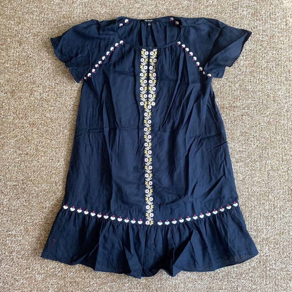 Madewell Embroidered Linen Blend Raglan Ruffle Mini Dress
